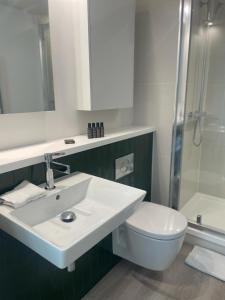 a bathroom with a sink and a toilet and a shower at Chamber St Apartments in London