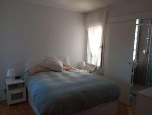 sypialnia z dużym łóżkiem i oknem w obiekcie Luxury renovated apartment with terrace in Madrid w Madrycie
