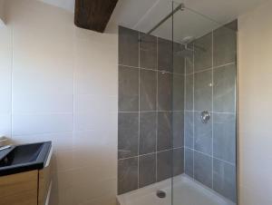 a shower with a glass door in a bathroom at la mer rouge domaine de piedjaubert in Douadic +17 photos