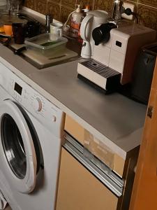 eine Küchentheke mit einer Waschmaschine in der Küche in der Unterkunft Cosy Privat in Wien