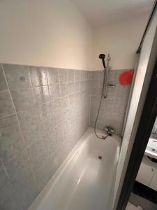 eine Badewanne mit Dusche im Bad in der Unterkunft Cosy Privat in Wien
