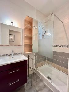 a bathroom with a sink and a shower at Résidence Victoria in Vichy