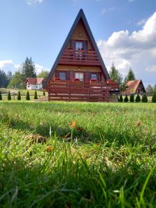 ein großes Holzhaus auf einem Grasfeld in der Unterkunft Mountain House Tadić 1 in Bajina Bašta