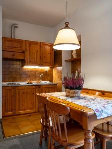 una cucina con tavolo in legno, sedie e luce elettrica di Residence Cima Jazzi a Macugnaga