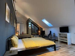 a bedroom with a bed and a television in it at Savoya nr3 Studio Old City Center Self check-in in Timişoara