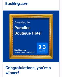 Un certificat, premiu, logo sau alt document afișat la Paradise Boutique Hotel
