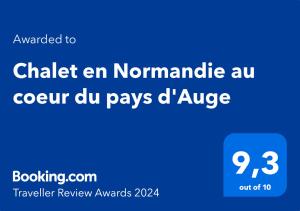 Majutusasutuses Chalet en Normandie au coeur du pays d'Auge olev sertifikaat, autasu, silt või muu dokument