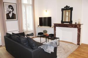 ein Wohnzimmer mit einem schwarzen Sofa und einem Kamin in der Unterkunft La perle de la République - Au coeur du centre historique in Montauban