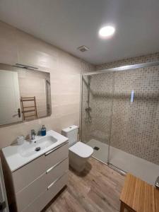 a bathroom with a sink and a toilet and a shower at Apartamento Bolingas in Comillas +6 photos
