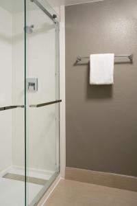 W łazience znajduje się prysznic ze szklanymi drzwiami. w obiekcie Courtyard Tampa Westshore/Airport w mieście Tampa