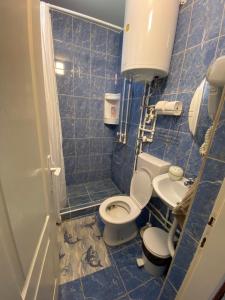 a blue tiled bathroom with a toilet and a sink at Apartmani Milojić in Soko Banja