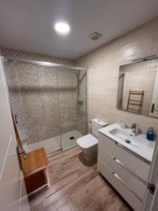 uma casa de banho com um WC, um lavatório e um chuveiro em Casa Bolingas - Apto 5 em Comillas