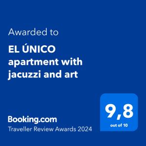 a blue screen with the text awarded to el unico experiment with jaguar at EL ÚNICO apartment with jacuzzi and art in Guadalest