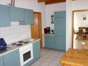 a kitchen with blue cabinets and a stove top oven at Ferienwohnungen Böhme in Konstanz