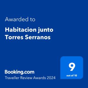 Majutusasutuses Habitacion junto Torres Serranos olev sertifikaat, autasu, silt või muu dokument