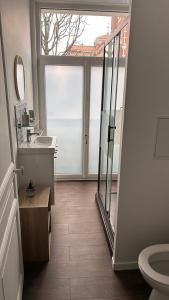 ein Bad mit einem Waschbecken, einem WC und einem Fenster in der Unterkunft L'appartement de Julie in Albert