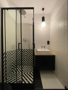 un baño con ducha y lavabo en Sweet Dreams Apartments Bielsko-Biała, en Bielsko-Biala