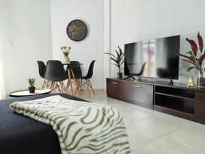 1 dormitorio con TV y 1 cama con manta de cebra en Cozy apartment in Castalla, en Castalla