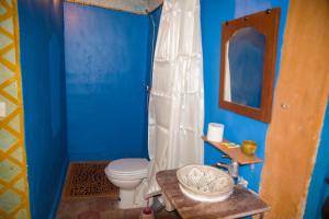 a bathroom with a toilet and a blue wall at Kasbah Omari in Tinerhir