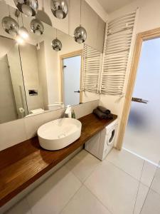 a bathroom with a sink and a mirror at Przytulna Apartment close to the airport and PKM in Gdańsk