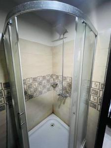 a shower stall in a bathroom with a shower at Stylish & Serene 2BHK Apt in Islamabad +15 photos