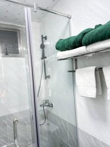 a bathroom with a shower and a glass shower stall at Bohemian Studio Home in Nairobi Kilimani in Nairobi