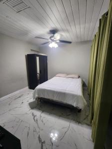 Schlafzimmer mit einem Bett und einem Deckenventilator in der Unterkunft Hollywood Beach Efficient in Hollywood