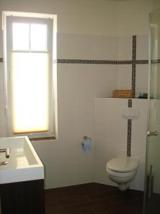 ein Bad mit einem WC, einem Waschbecken und einem Fenster in der Unterkunft Zinnowitz-Ambiente in Zinnowitz
