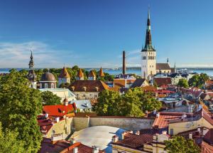 a view of a city with mosques and buildings at Cozy loft near Old Town in Tallinn