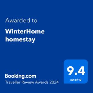 a blue text box with the words awarded to winterhome homaway at WinterHome homestay in Munnar
