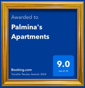 a picture frame with the text awarded to paliminas apartments at Palmina's Apartments in Brindisi