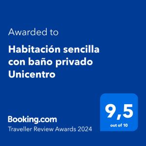 Ett certifikat, pris eller annat dokument som visas upp på Habitación sencilla con baño privado Unicentro