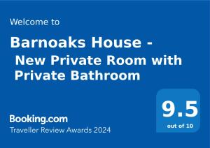 Sertifikāts, apbalvojums, norāde vai cits dokuments, kas ir izstādīts apskatei naktsmītnē Barnoaks House - New Private Room with Private Bathroom
