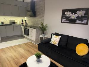 a living room with a black couch and a kitchen at Apartamenty Centrum + parking in Toruń