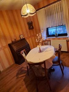 ein Esszimmer mit einem Tisch und einem Kamin in der Unterkunft Geräumige 5 Zimmerwohnung in Peitz