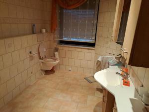 a bathroom with a toilet and a sink at Geräumige 5 Zimmerwohnung in Peitz