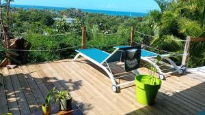 una silla en una terraza con vistas al océano en Ali-Naïs Location, en Deshaies