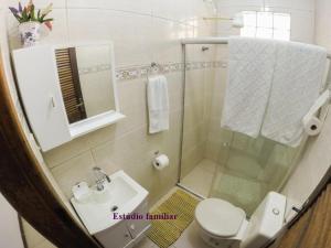 a bathroom with a shower and a toilet and a sink at Hospedagem Morada Aguiar - casa e kitnet in Abraão