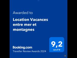 Certifikát, ocenenie alebo iný dokument vystavený v ubytovaní Location Vacances entre mer et montagnes