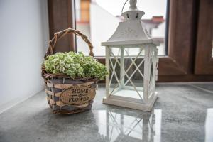 a lantern and a potted plant sitting next to a table at Willa Zator in Oświęcim
