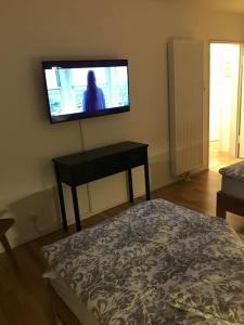 a bedroom with a tv on the wall with a bed at Wohnung Stadtmitte Würzburg, Küche, Balkon. in Würzburg