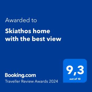 a blue screen with the text awarded to skates home with the best view at Skiathos home with the best view in Skiathos