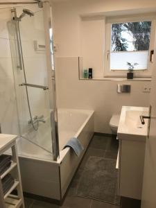 W łazience znajduje się prysznic, toaleta i umywalka. w obiekcie Wohnung Stadtmitte Würzburg, Küche, Balkon. w mieście Würzburg