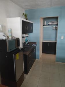 - une cuisine avec des armoires noires et un réfrigérateur dans l'établissement Mi Espacio, à Mérida