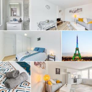 un collage de fotos de un dormitorio con la torre Eiffel en Cozy Appart 5 à 3' de la gare - Cozy Houses, en Palaiseau