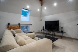 a living room with two couches and a flat screen tv at Le Saint-André - Clim - Loft romantique avec Jacuzzi in Buxy