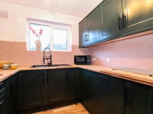 a kitchen with black cabinets and a sink at Tipsy Bee in Windermere