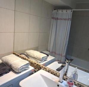 baño con 2 lavabos y espejo con toallas en Apart Hotel AR, en Santiago