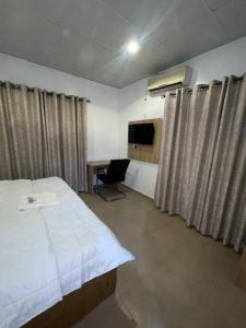 a bedroom with a bed and a desk and a television at MPH in Lagos