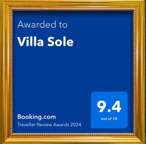 Сертификат, награда, вывеска или другой документ, выставленный в Villa Sole